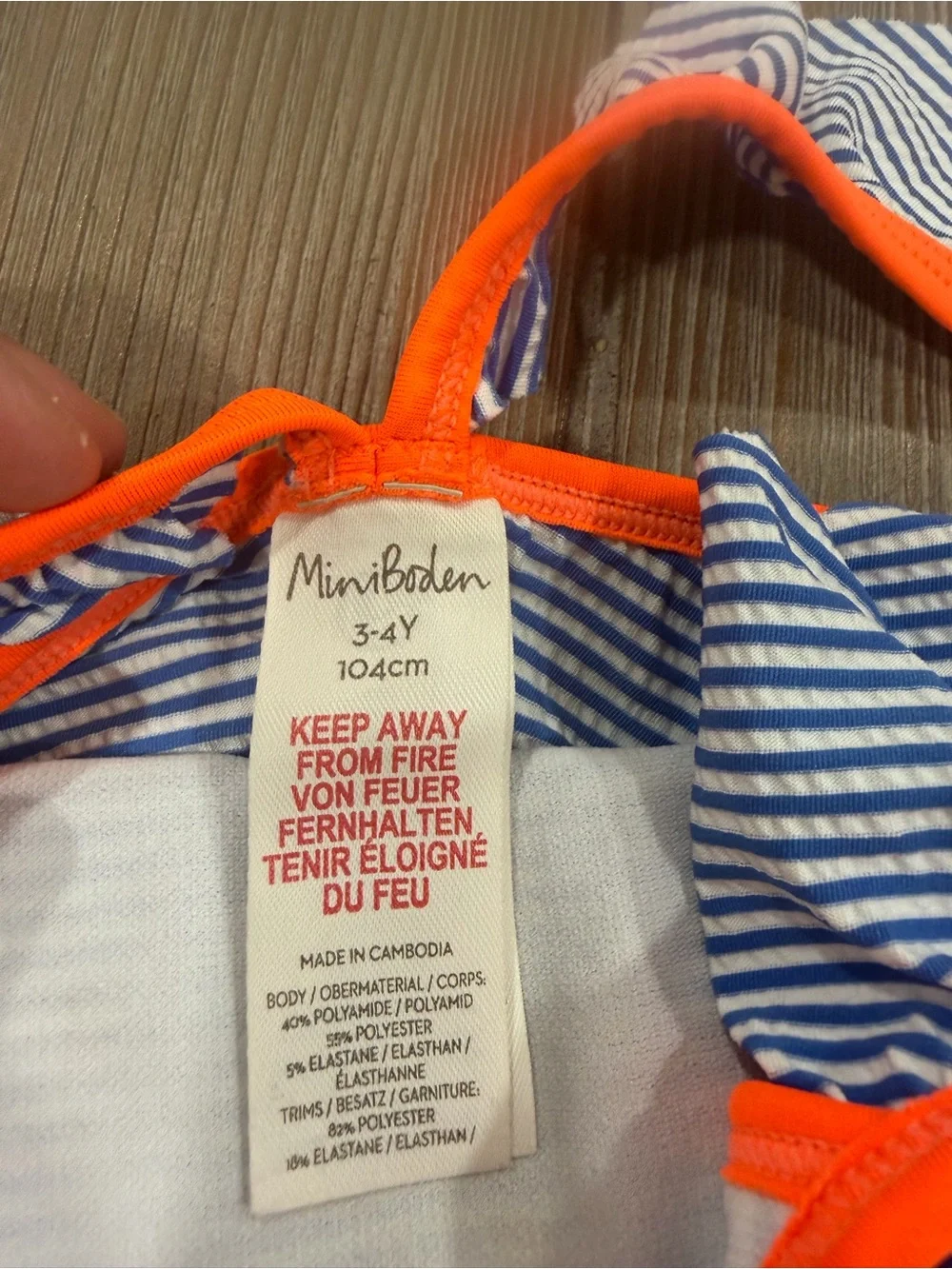 Mini Boden Navy and White Stripe One-Piece Swimsuit with Bright Orange Trim